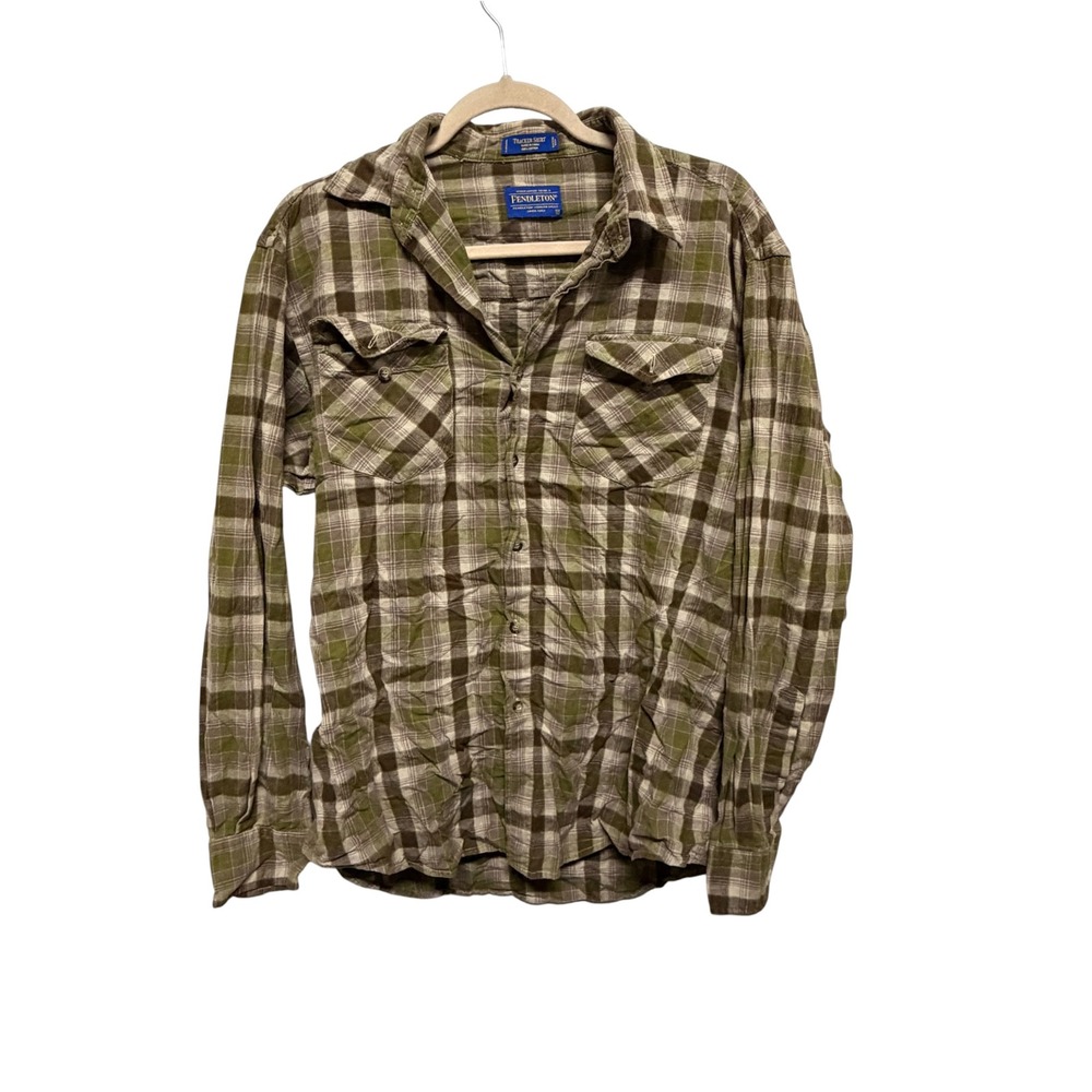 Pendleton Tracker Shirt Men's M Green Brown Plaid 100% Cotton Button Down